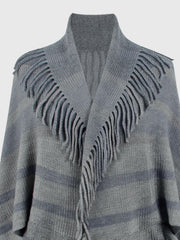 Textured knit capelet in charcoal with fringe detail and horizontal stripes