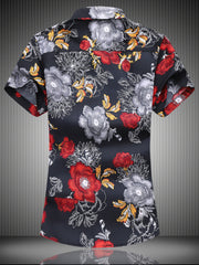 Men's short-sleeve button-up shirt with a bold floral print in red and gray on black.