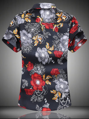Men's short-sleeve button-up shirt with a bold floral print in red and gray on black.