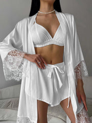 White lace trim three-piece loungewear set with bralette, shorts, and robe.