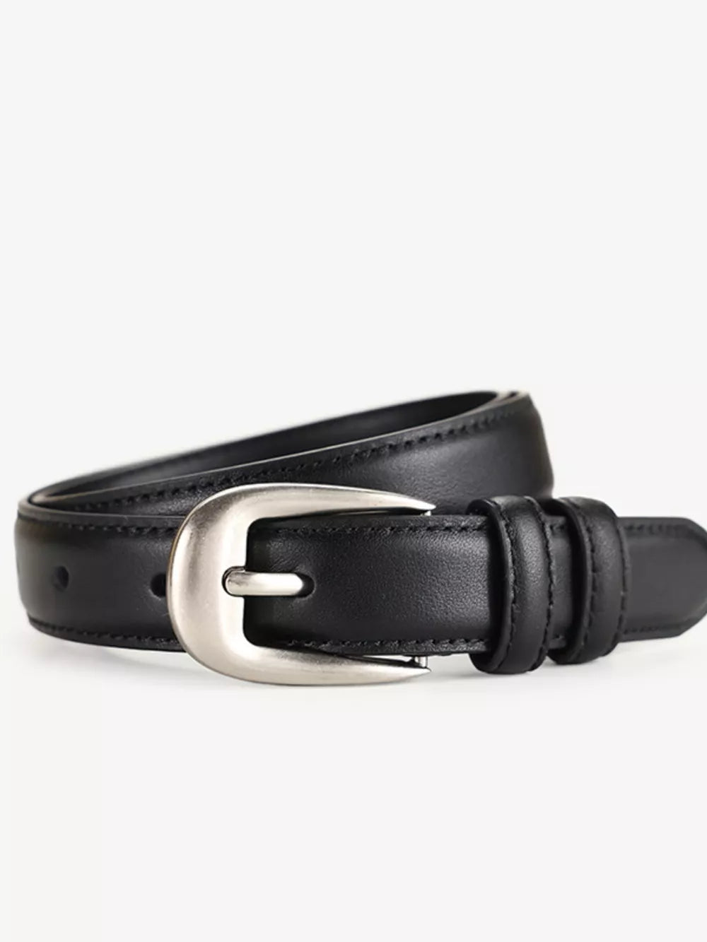 Black cowhide leather belt with silver buckle and accents