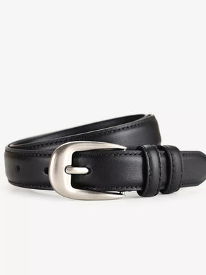 Black cowhide leather belt with silver buckle and accents