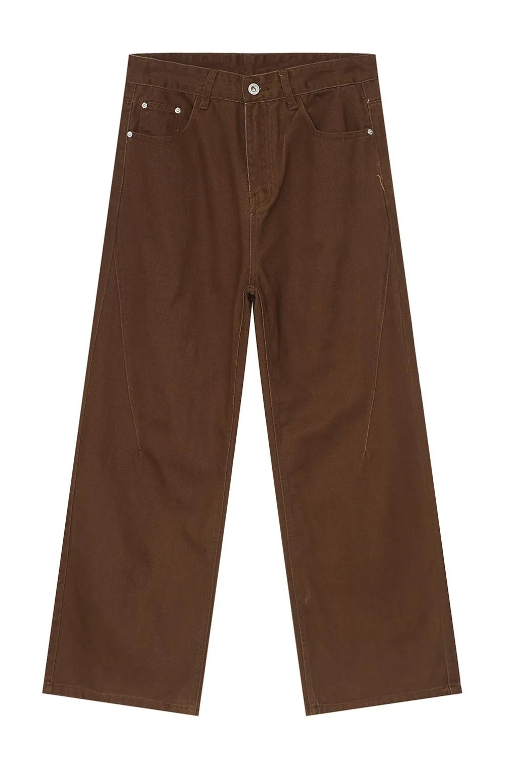 Brown wide-leg denim jeans with angular seams and a casual fit.