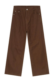 Brown wide-leg denim jeans with angular seams and a casual fit.