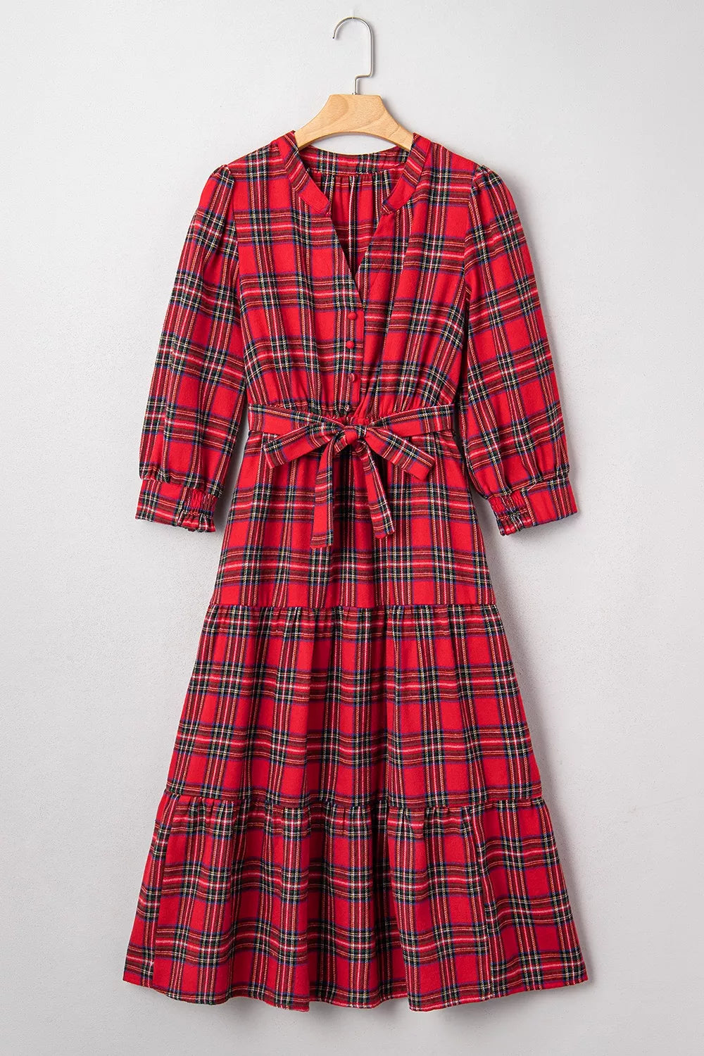 Christmas Plaid V Neck Tie Waist Midi Dress in Deep Red, product detail