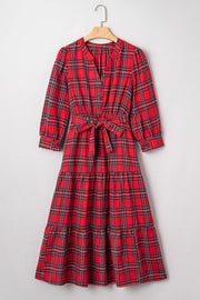 Christmas Plaid V Neck Tie Waist Midi Dress in Deep Red, product detail