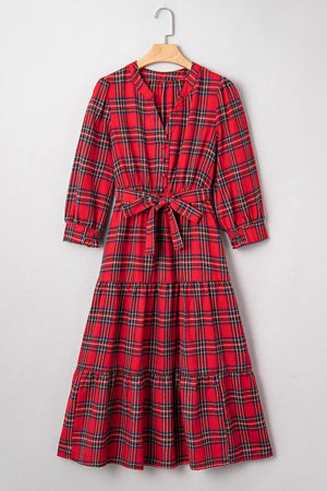 Christmas Plaid V Neck Tie Waist Midi Dress in Deep Red, product detail