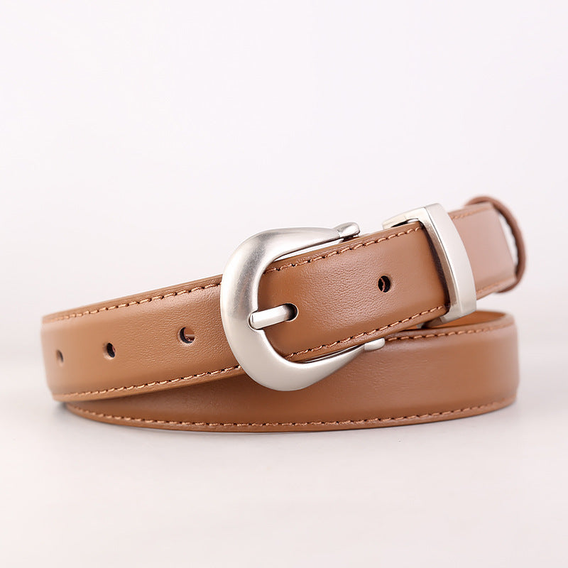 Classic cowhide leather belt in caramel with silver buckle and stitching detail.