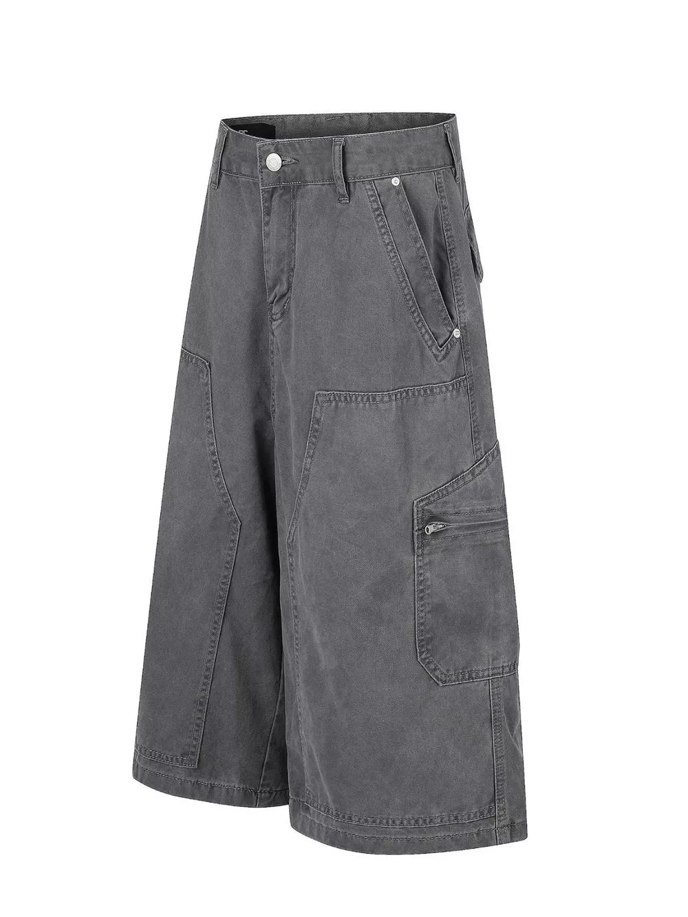 Men's relaxed fit grey cotton cargo capris with multiple pockets and a zippered pocket detail.