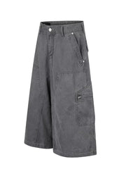 Men's relaxed fit grey cotton cargo capris with multiple pockets and a zippered pocket detail.