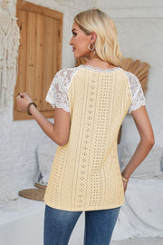 Light Yellow eyelet raglan blouse with white lace short sleeves and scalloped trim.