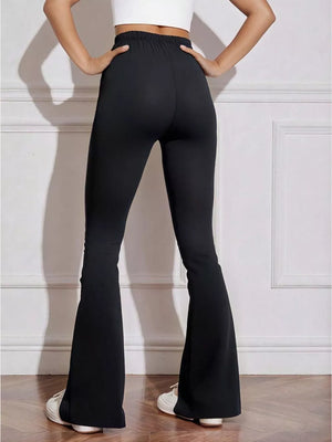 Black flared high-waist active pants with bow emblem detail.