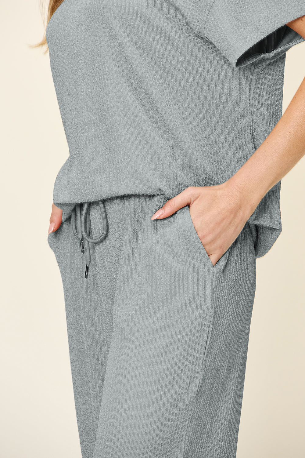 Cloudy Blue waffle knit lounge set with drawstring waist and pockets.