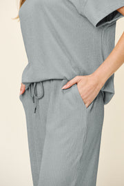 Cloudy Blue waffle knit lounge set with drawstring waist and pockets.