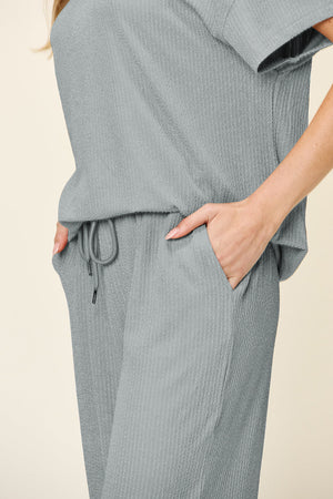 Cloudy Blue waffle knit lounge set with drawstring waist and pockets.