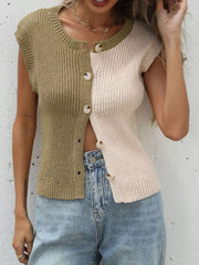 Sleeveless two-tone knit cardigan in khaki and cream with button-down front.