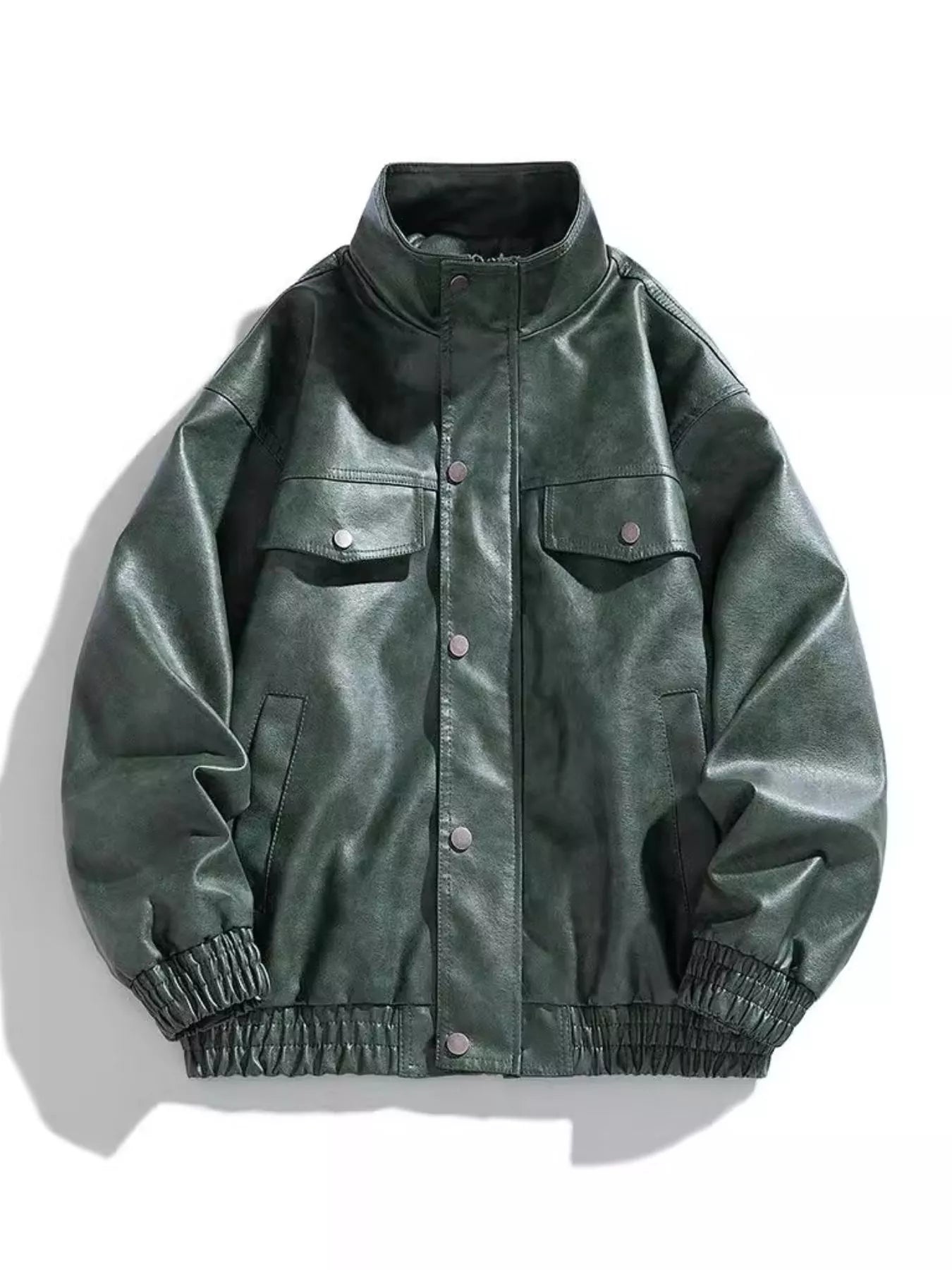 Oversized army green snap down jacket with pockets and elastic cuffs.