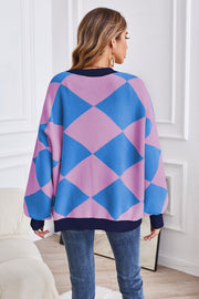 Diamond knit balloon sleeve cardigan in pink and blue with navy trim