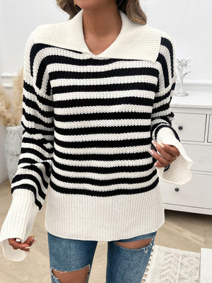 Black and white stripe knit pullover sweater with wide collar and bell sleeves.