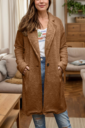 Brown teddy bear texture duster coat with single button closure and lapel.