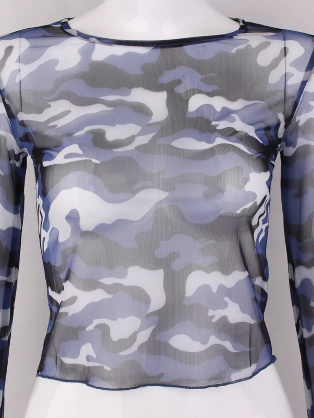 Sheer camouflage long sleeve tee in blue with a crew neck and body-hugging fit.