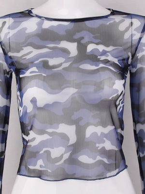 Sheer camouflage long sleeve tee in blue with a crew neck and body-hugging fit.