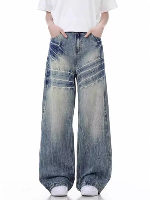 Distressed vintage wide-leg men's jeans in blue denim with a faded wash and whiskering detail.
