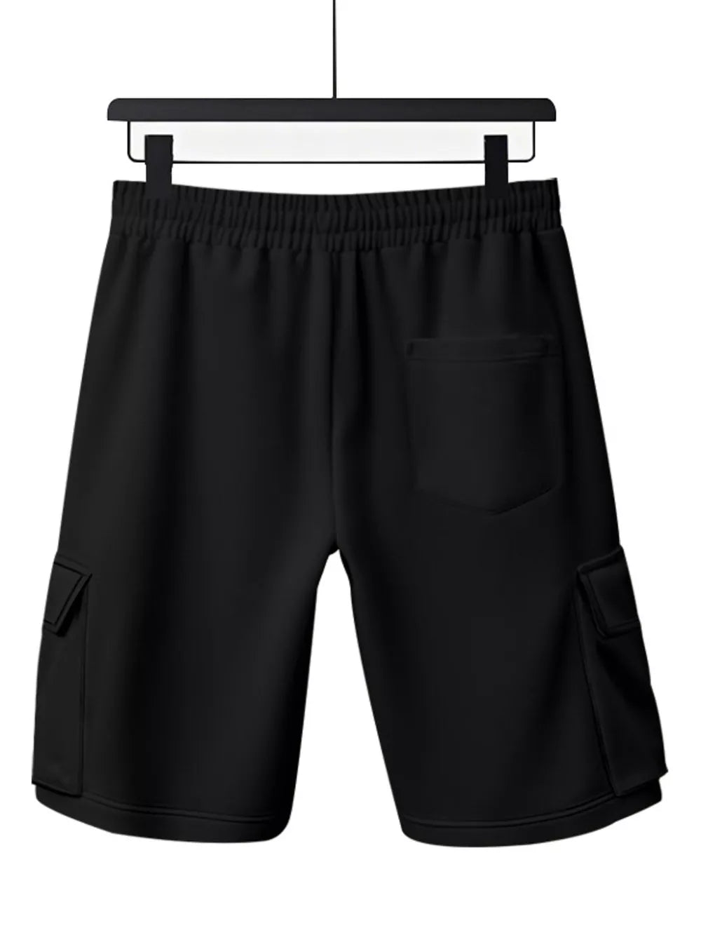 Black cargo shorts with drawstring waist, back pocket, and side cargo pockets.