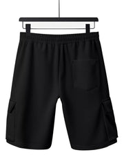 Black cargo shorts with drawstring waist, back pocket, and side cargo pockets.