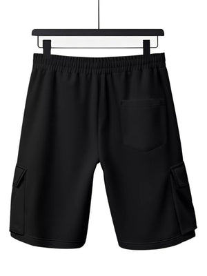 Black cargo shorts with drawstring waist, back pocket, and side cargo pockets.