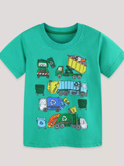 Green cotton t-shirt with playful cartoon garbage trucks and recycling bins graphic print.