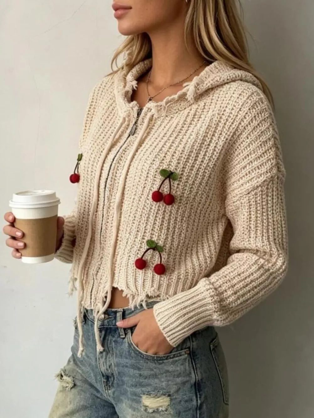 Cherry Knit Zip-up Hooded Sweater in Black, close-up detail