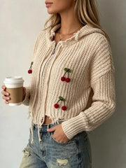 Cherry Knit Zip-up Hooded Sweater in Black, close-up detail