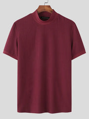 Burgundy textured knit mock neck tee with short sleeves.