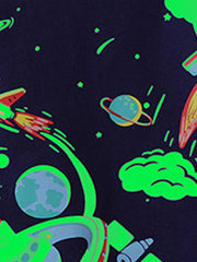 Toddler t-shirt with a dark blue background and a neon graphic print of rockets, planets, and clouds.