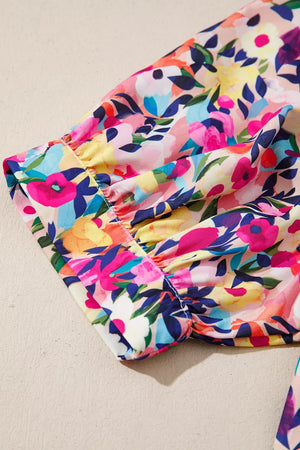 Flower Print Frilled Collar Puff Sleeve Blouse, fit detail