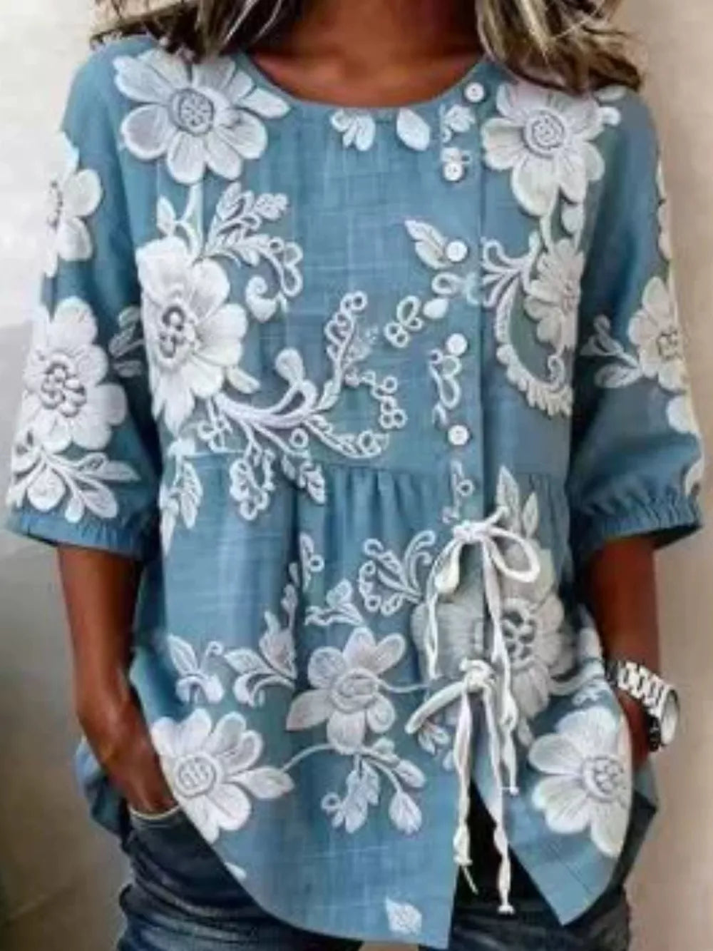 Embroidered Floral Tie Front Shirt Plus Size in Blue, view 16