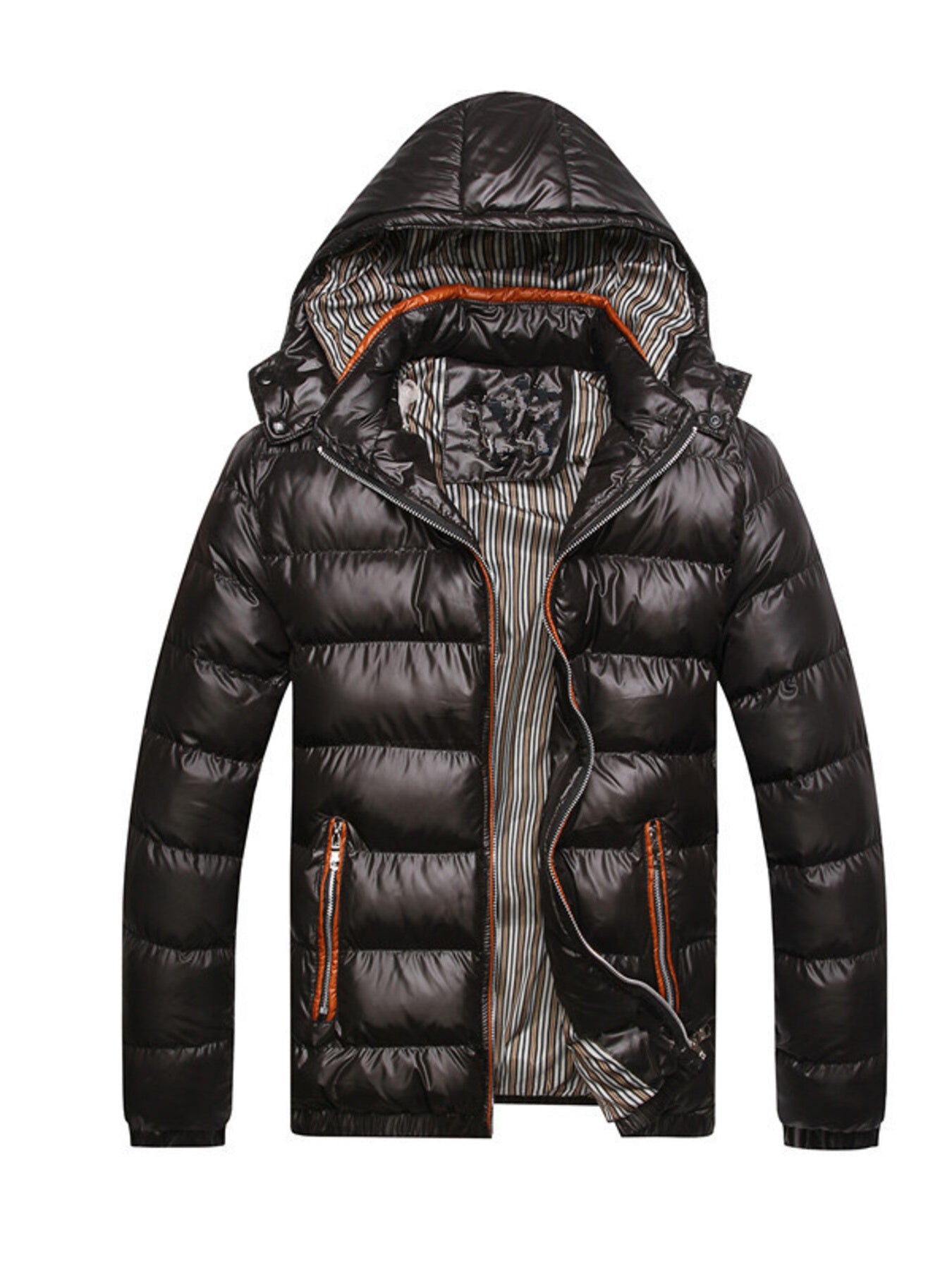 Black hooded puffer jacket with orange zipper details and striped lining