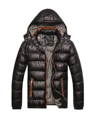 Black hooded puffer jacket with orange zipper details and striped lining