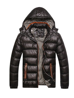 Black hooded puffer jacket with orange zipper details and striped lining