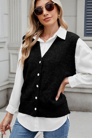 Black button-front knit vest with V-neck and shoulder detail, acrylic material