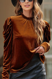 Brown velvet blouse with gathered puff sleeves and a mock neck.