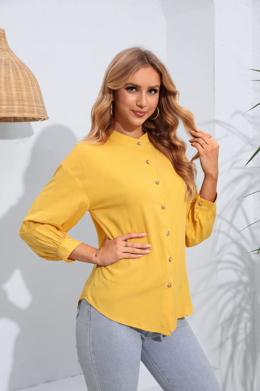 Yellow mandarin collar blouse with gathered sleeves and buttons