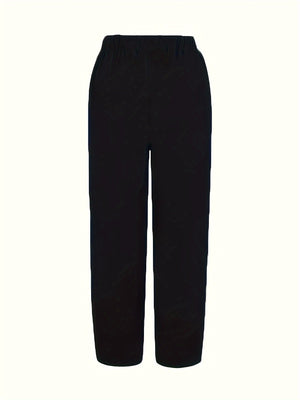 Black relaxed fit wide-leg pants with elastic waistband and pockets.