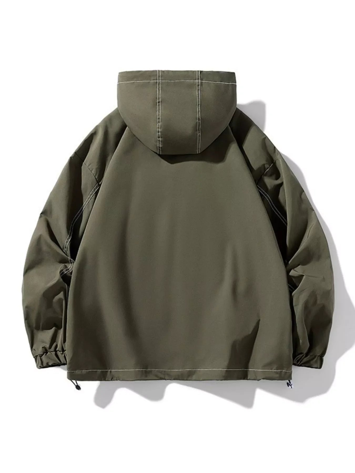 Oversized hooded zip jacket in dark green with contrast stitching and drawstring hem.