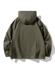 Oversized hooded zip jacket in dark green with contrast stitching and drawstring hem.