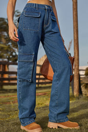 Medium wash denim cargo pants with multiple utility pockets and a relaxed fit.