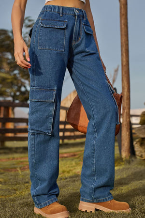 Medium wash denim cargo pants with multiple utility pockets and a relaxed fit.