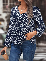 Dark Blue polka dot blouse with tie-neck detail and long sleeves