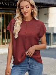 Burgundy knit cap sleeve top with vertical seam detail